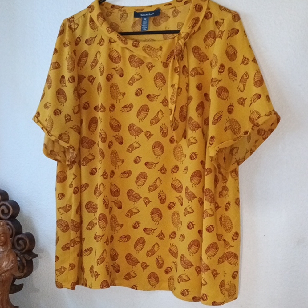 Modcloth Mustard Yellow Short Sleeve Tie-Detail Blouse with Owl Print